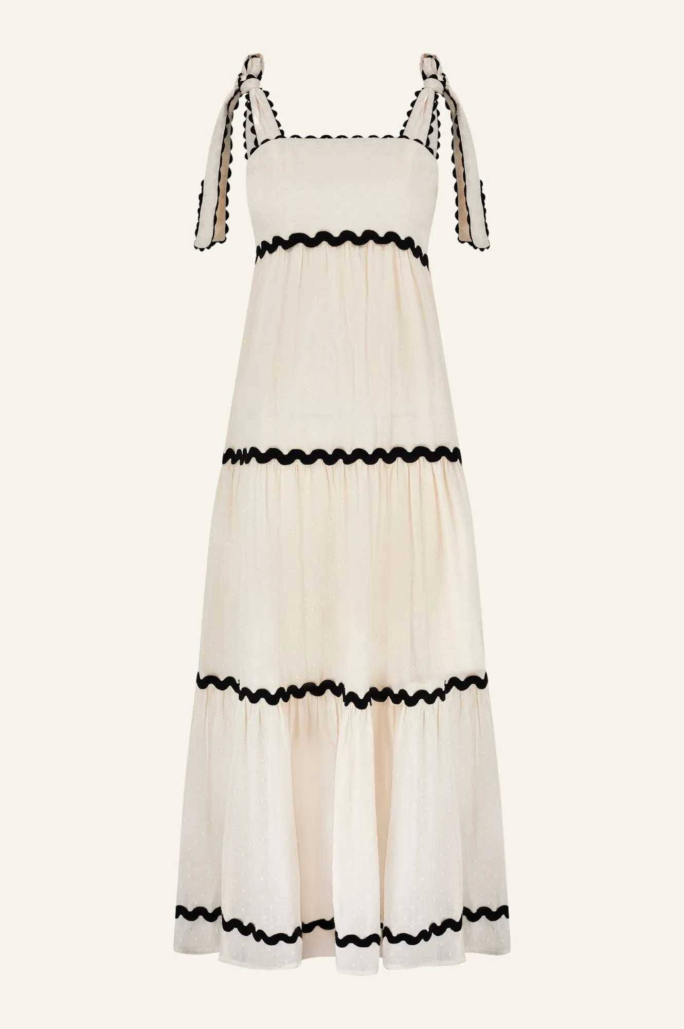 Tabitha Organic Cotton Dobby Ric Rac Dress | Antique Cream/Black
