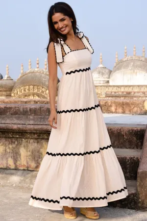 Tabitha Organic Cotton Dobby Ric Rac Dress | Antique Cream/Black