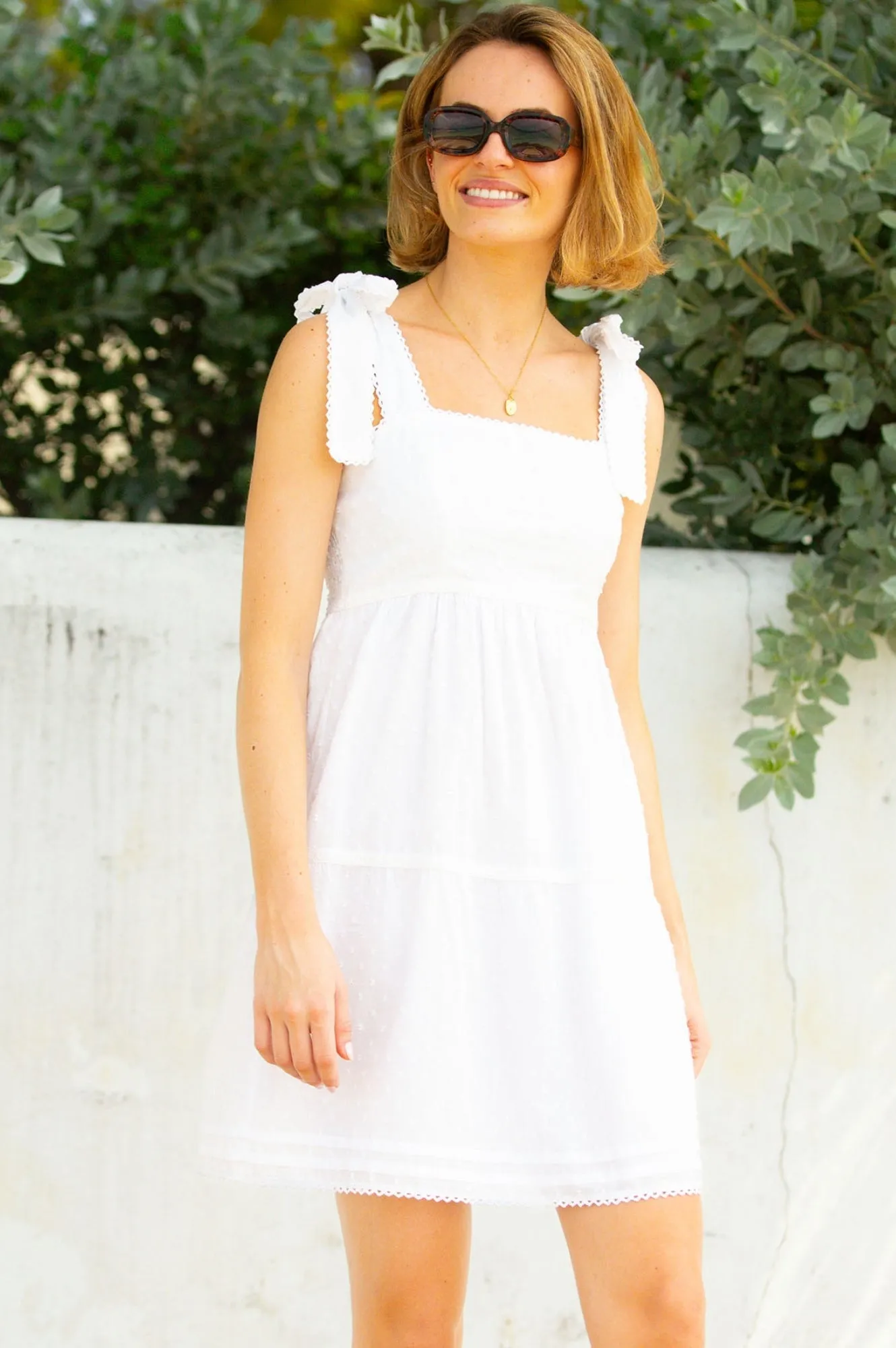 Tabitha Organic Cotton Dobby Short Dress | White