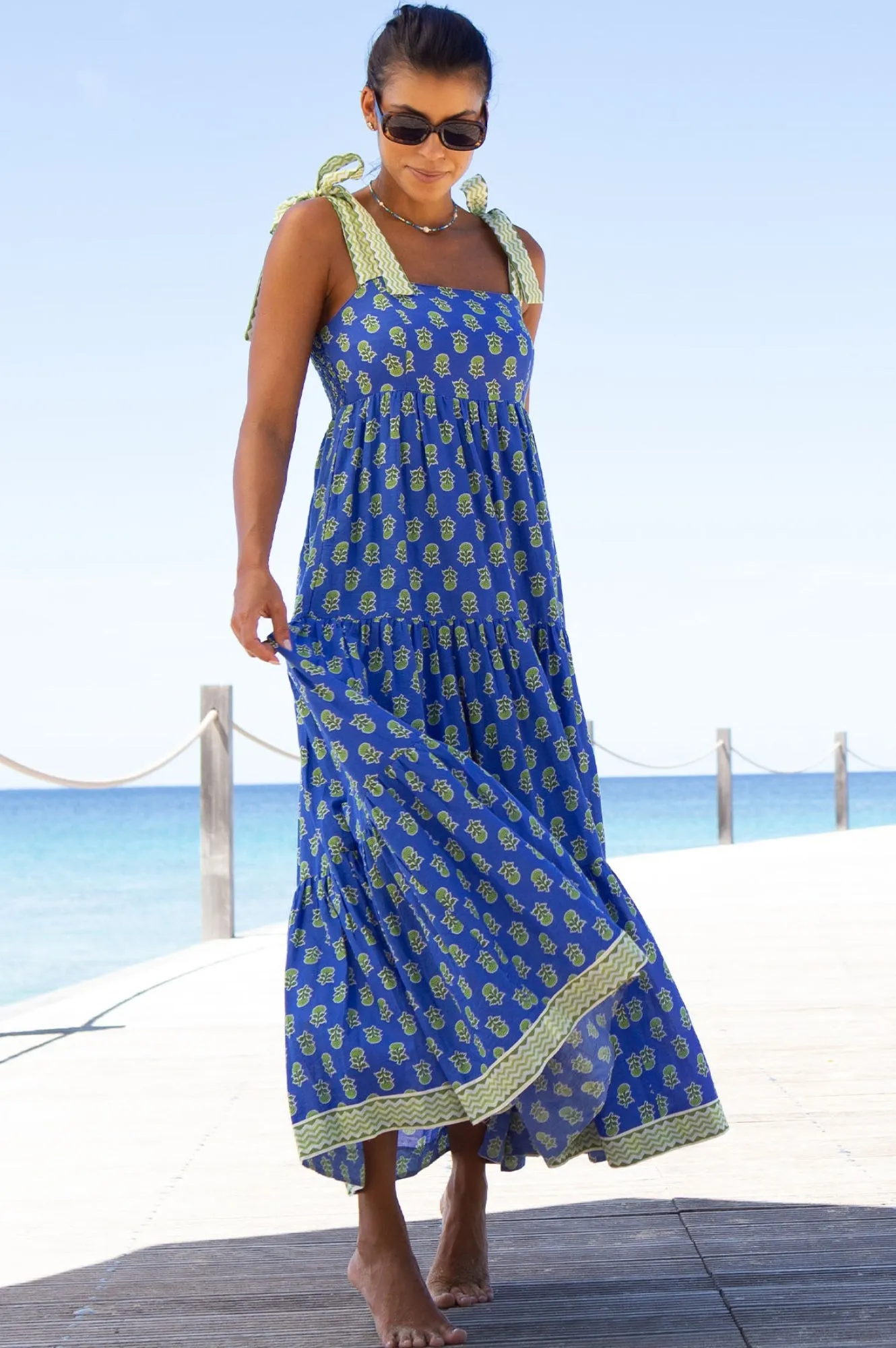 Tabitha Printed Organic Cotton Dress | Odisha Print Blue/Green