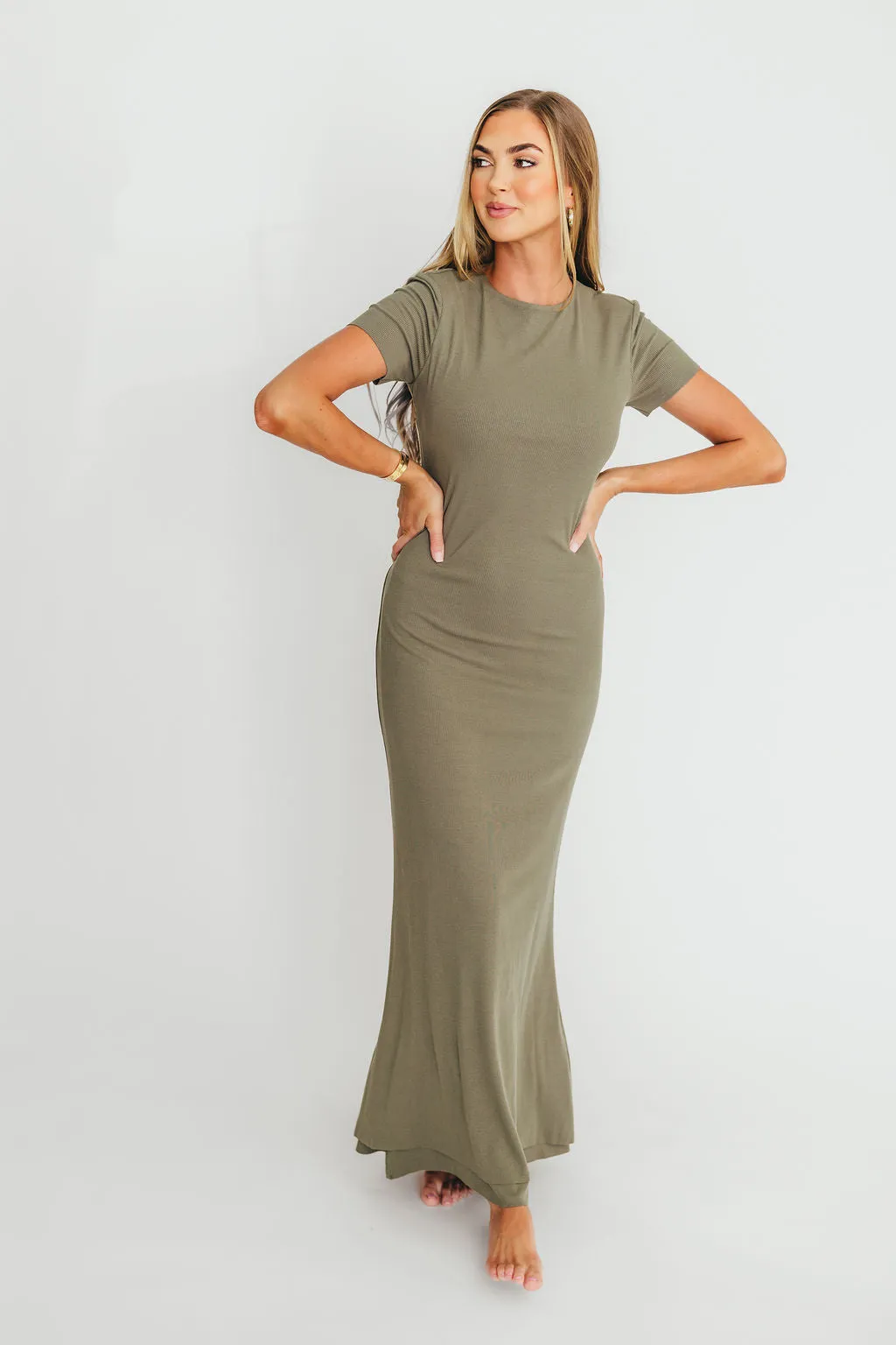 The Charlie Ribbed Maxi Dress in Dusty Olive Green -Bump Friendly- PRE-ORDER