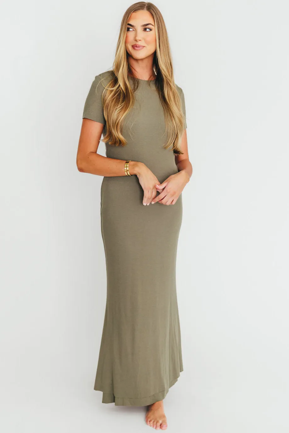 The Charlie Ribbed Maxi Dress in Dusty Olive Green -Bump Friendly- PRE-ORDER