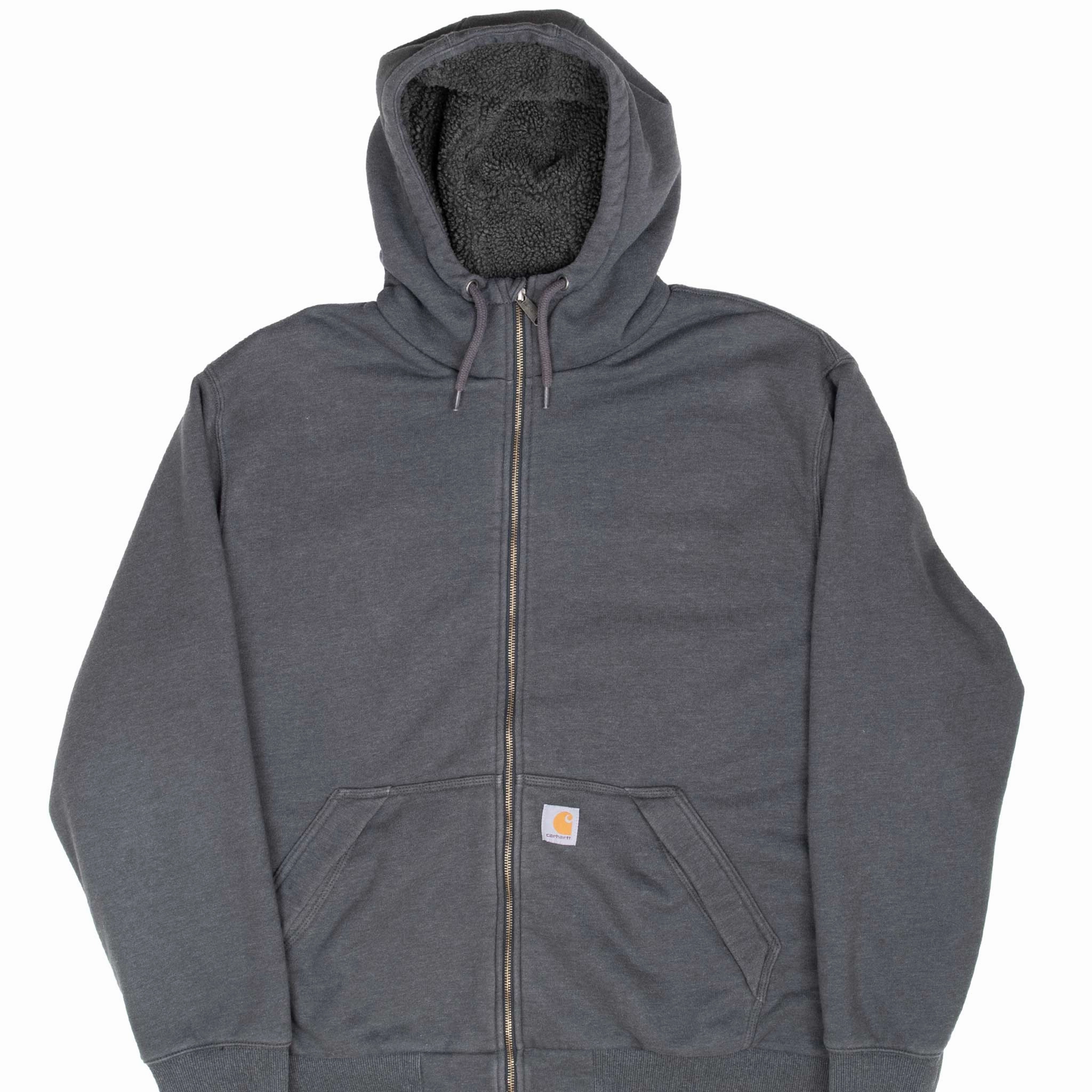 VINTAGE CARHARTT HEAVYWEIGHT SHERPA LINED FULL ZIP GREY HOODIE SWEATSHIRT 2XL