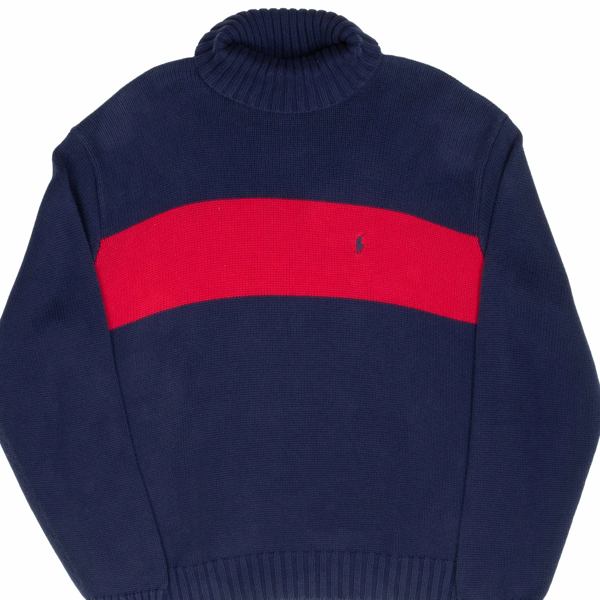VINTAGE RALPH LAUREN BLUE & RED TURTLE NECK KNIT SWEATER XL 1990S