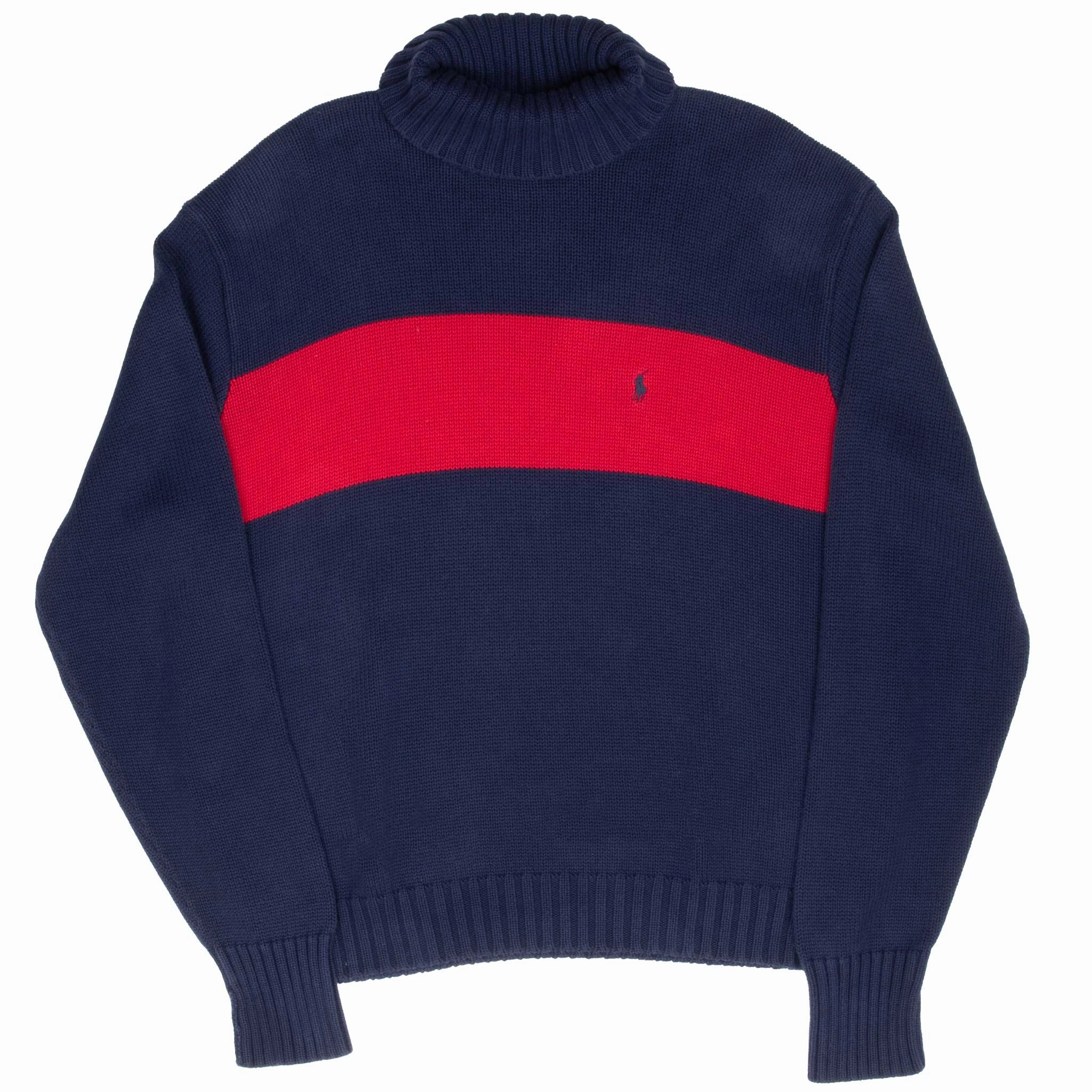 VINTAGE RALPH LAUREN BLUE & RED TURTLE NECK KNIT SWEATER XL 1990S