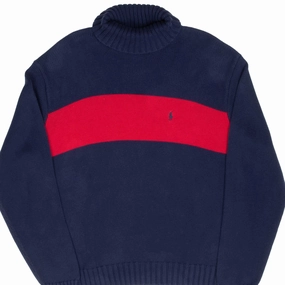 VINTAGE RALPH LAUREN BLUE & RED TURTLE NECK KNIT SWEATER XL 1990S