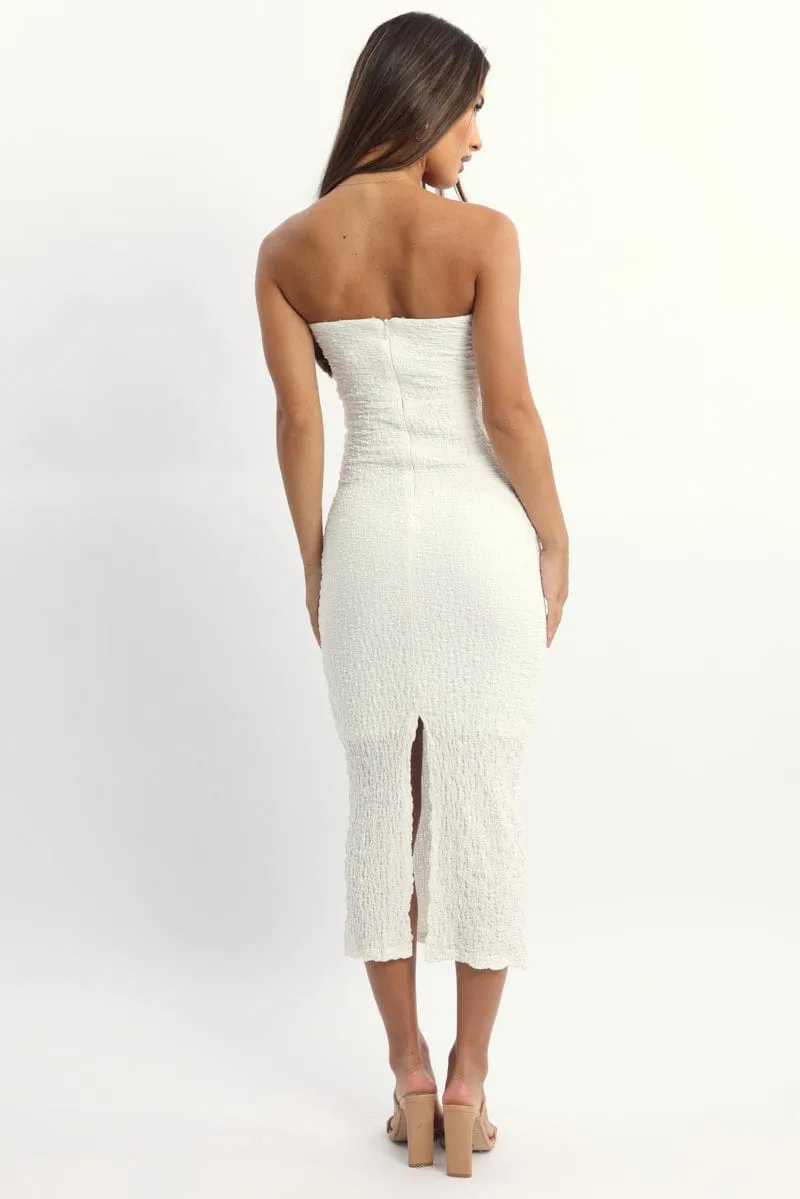 White Bodycon Dress Boob Tube Textured Midi