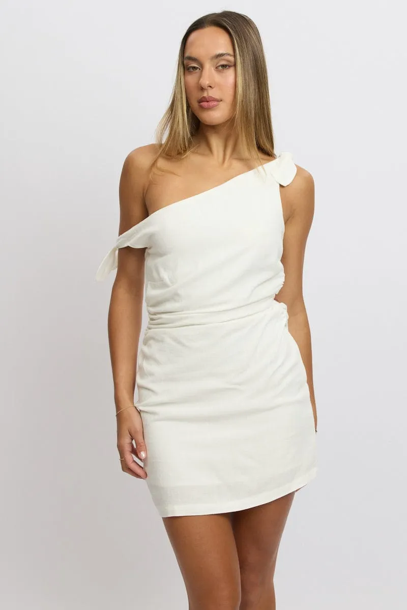 White Bodycon Dress Tie up Shoulder Linen