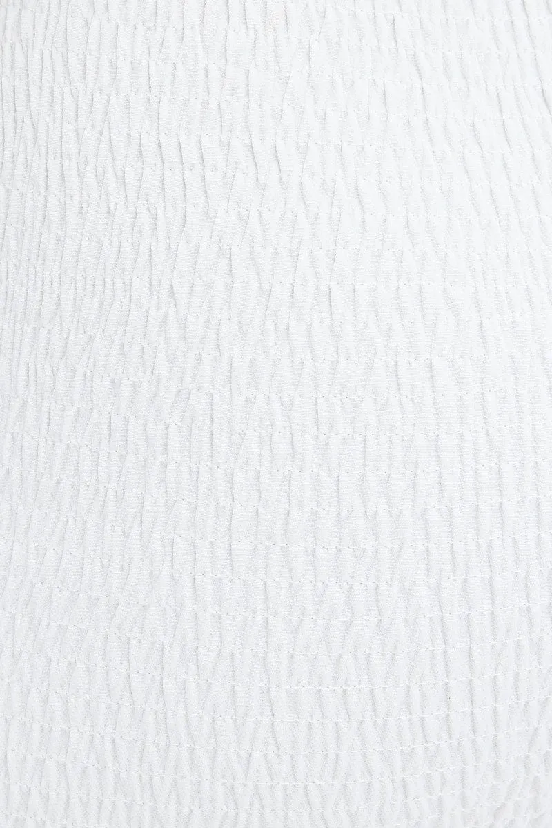 White Embroidered Sleeves Shirred Bodycon Dress