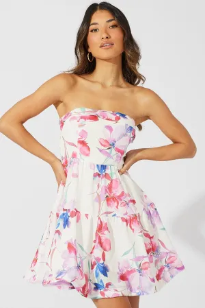 White Floral Fit and Flare Dress Boob Tube
