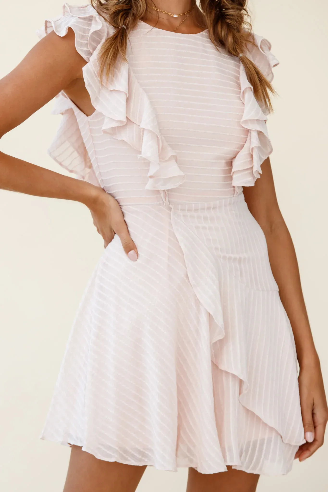 Wilton Ruffle Shoulder A-Line Dress Nude