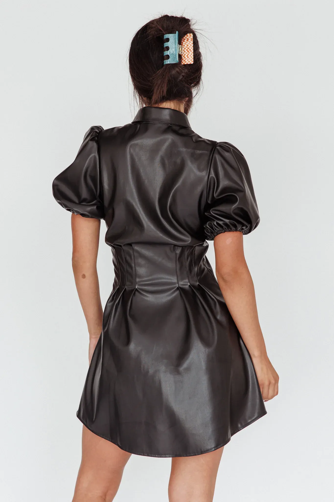 Zurich Pleated Waist Shirt Dress Faux Leather Black